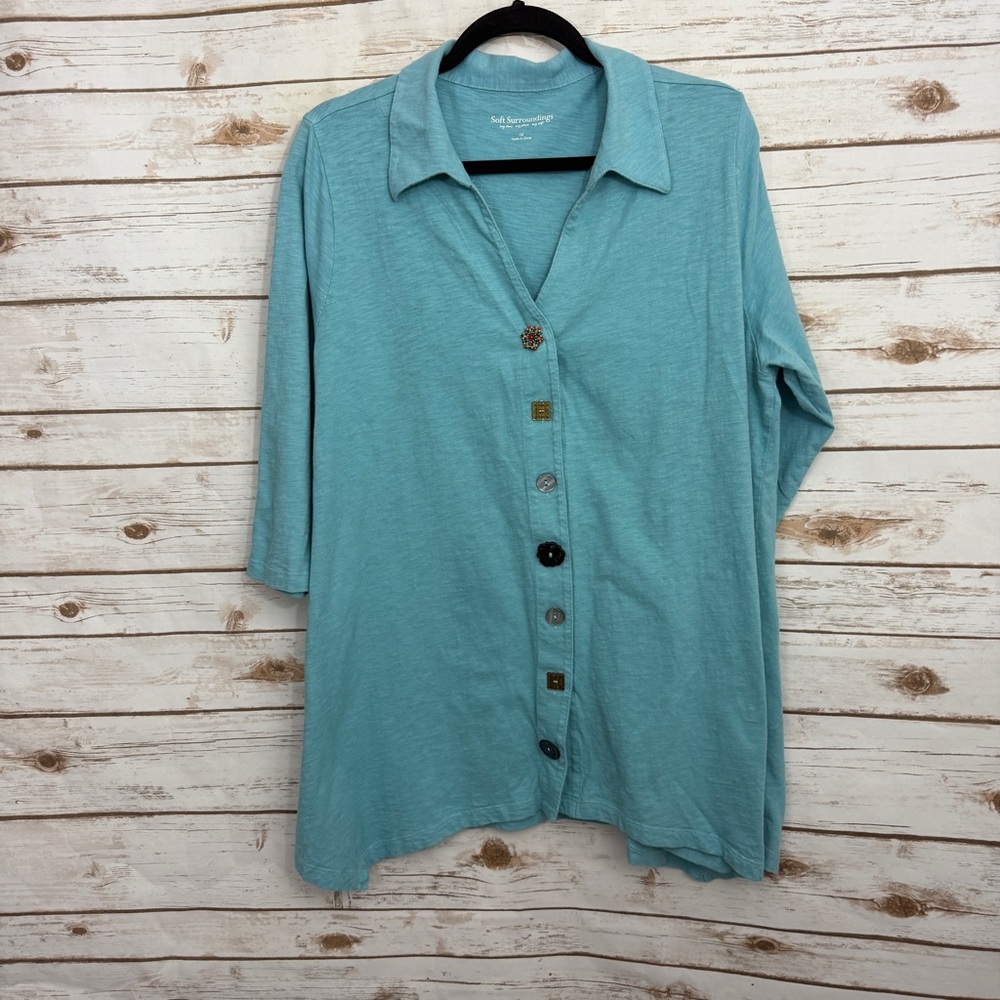 Soft Surroundings Blue Lagenlook Button Front 3/4 Sleeve Blouse